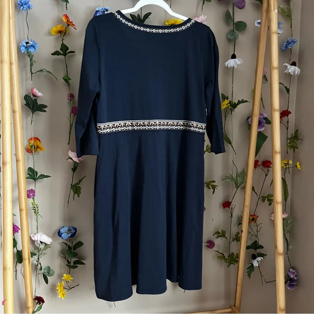 Garnet Hill Embroidered-Bodice Knit Dress, Navy, Medium